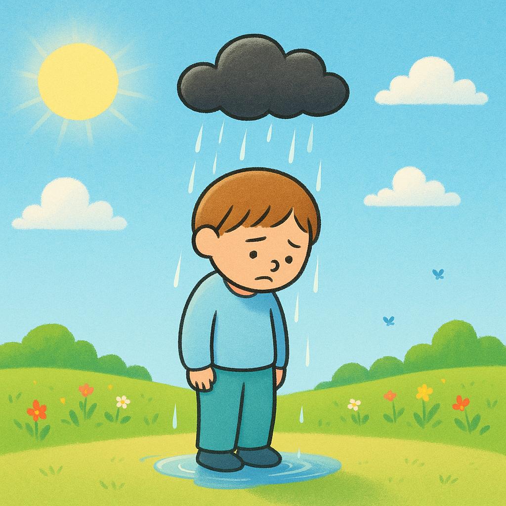 A solitary, simple cartoon character stands under a small, dark rain cloud that is raining only on them, illustrating bad luck. The surrounding area is bright and sunny.