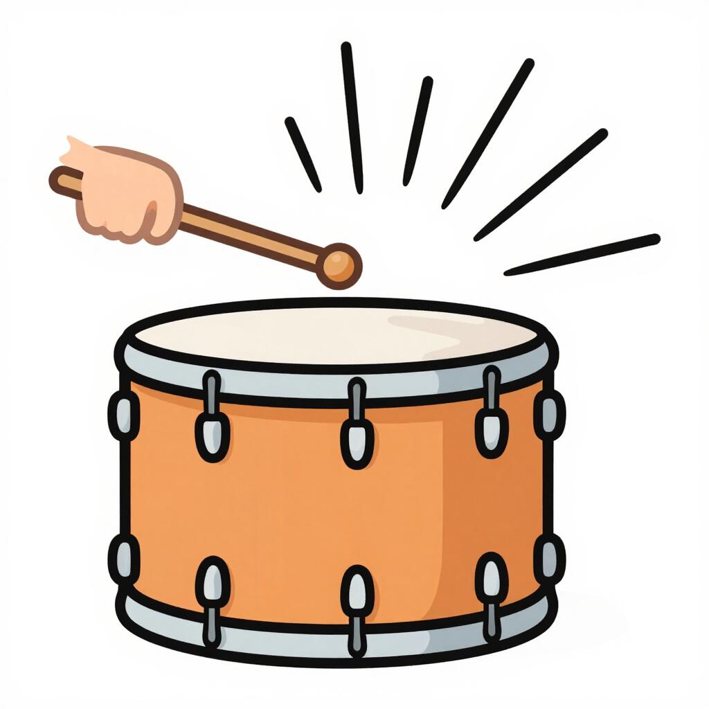 太鼓をバチで叩いている様子と衝撃線を示すカラフルなイラスト。