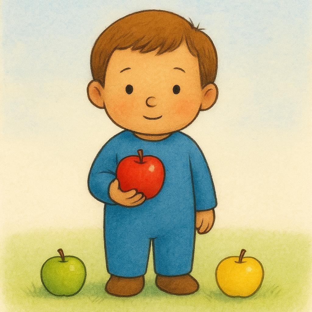 A storybook illustration showing a small child holding a single red apple firmly in their hand. Two other apples, green and yellow, rest on the ground nearby, indicating the choice has been made.