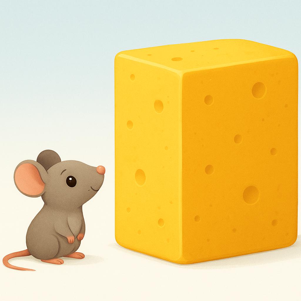 A minuscule grey mouse standing next to an enormous block of yellow cheddar cheese, emphasizing the size difference.