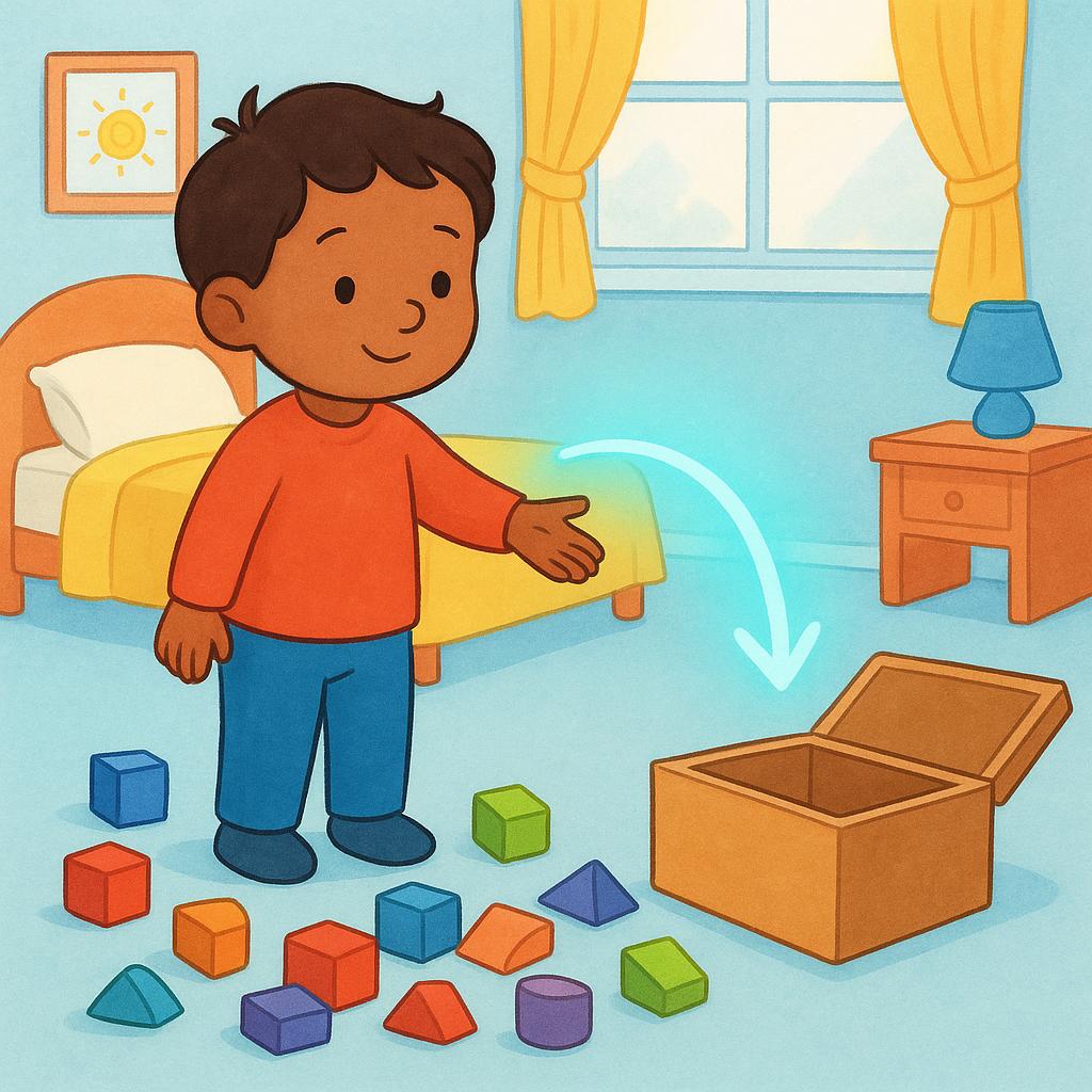 A child standing in a colorful room with scattered toys, with a glowing arrow indicating they must put the toys into a nearby toy box.