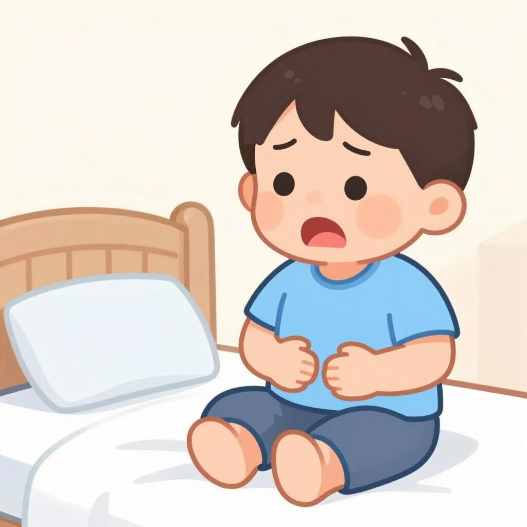 A sad child sitting on a bed with a hand on their stomach, looking uncomfortable.