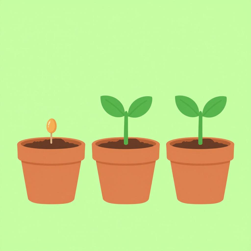 A row of three flower pots: the first shows a small seed in soil, the second a sprout, and the third a blooming flower.