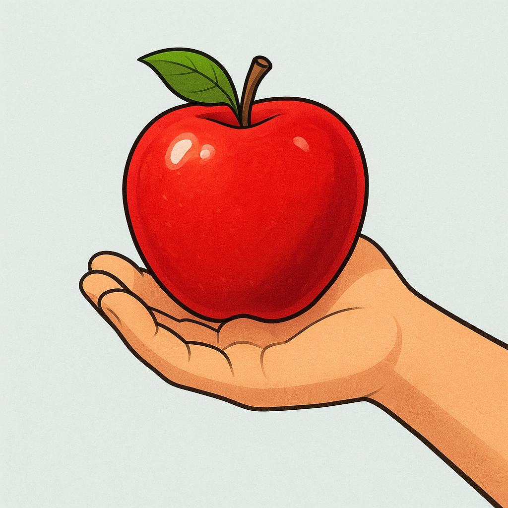 A brightly colored storybook illustration showing a hand gently presenting a single red apple to an unseen recipient.
