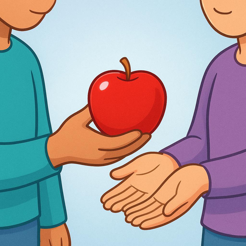 A person wearing a blue shirt is holding out a bright red apple, offering it to another person whose hands are reaching out to receive it.
