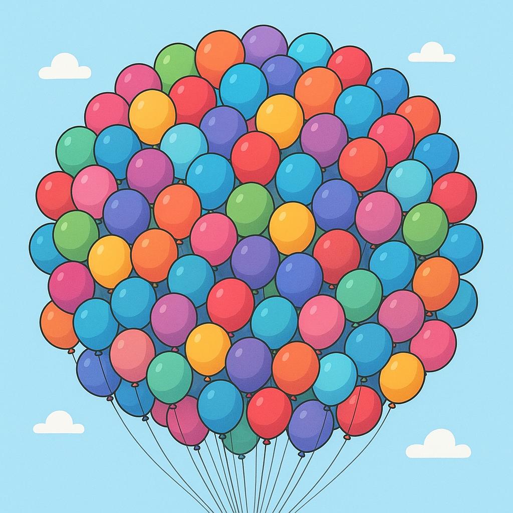 A grouping of exactly one hundred small, brightly colored round balloons floating together in a clear blue sky, illustrating the quantity one hundred.