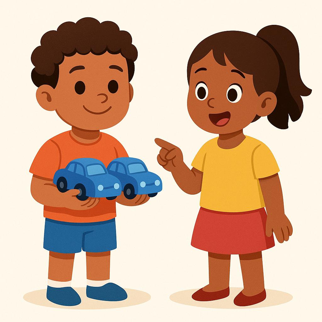 A simple storybook illustration showing two cartoon children. One child is holding three identical blue toy cars, and the other child is pointing at the cars to indicate that they belong to the first child.