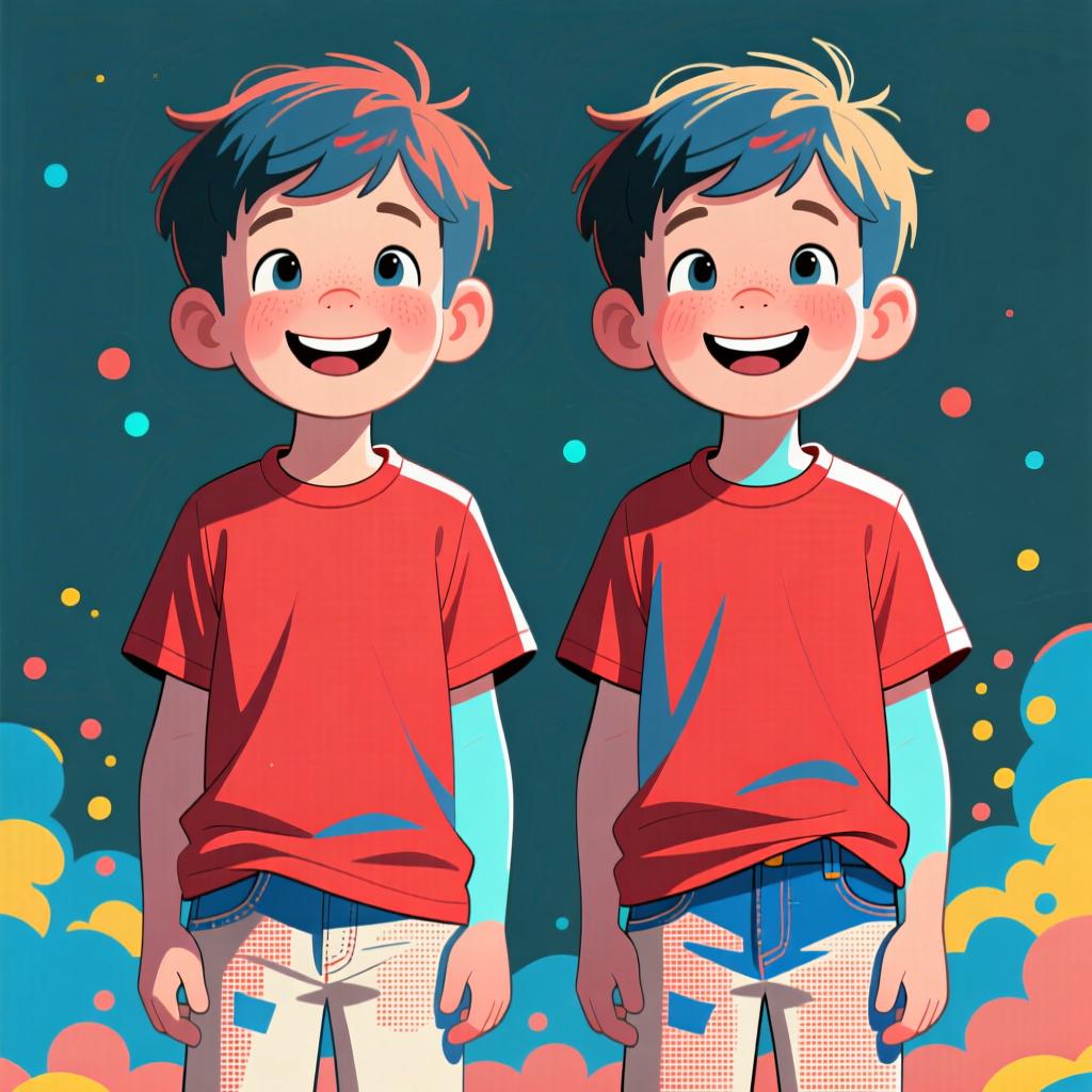 Two identical twin boys standing next to each other, both wearing the exact same red t-shirt and blue jeans, smiling.