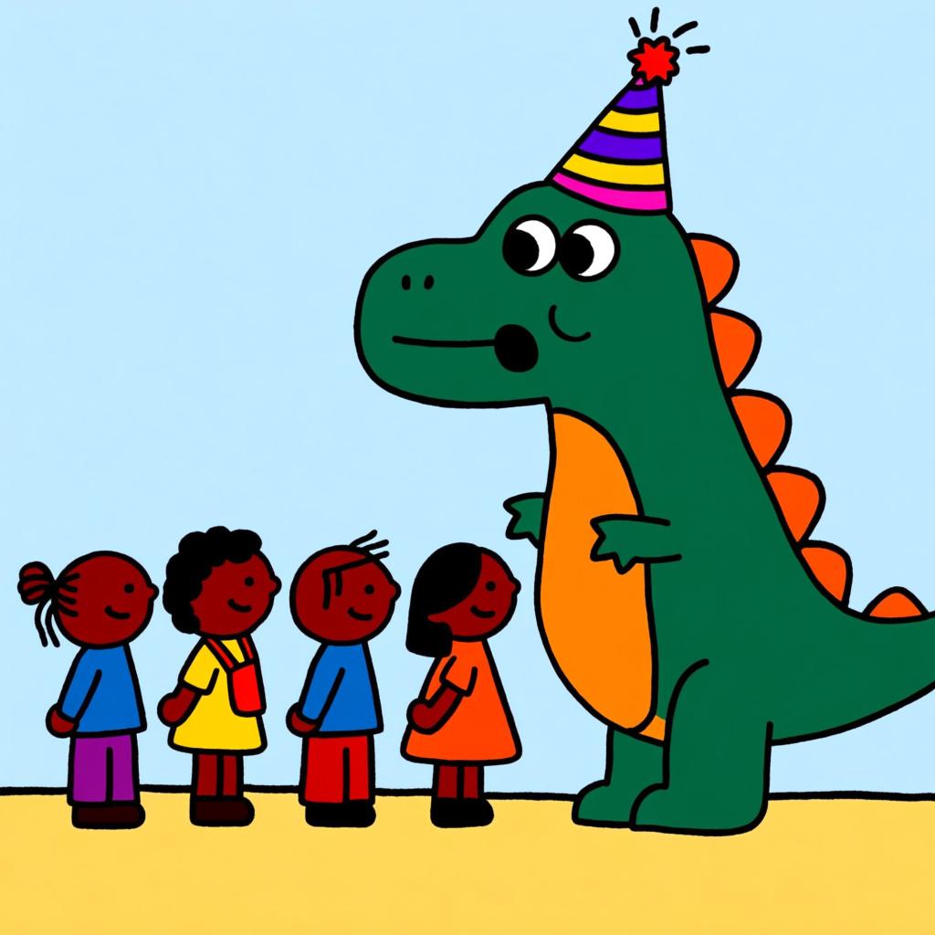 A line of five ordinary cartoon people waiting to enter a building, followed by a giant, friendly dinosaur wearing a party hat, symbolizing an unexpected addition.