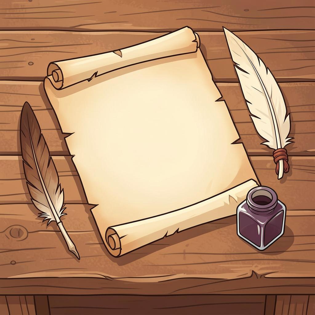 An old scroll with a feather quill resting on a wooden desk.