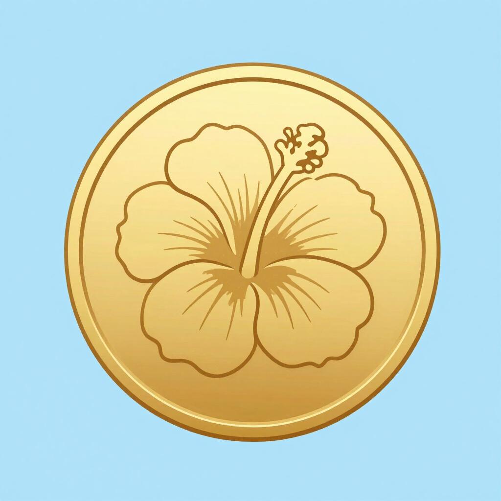 A shiny gold coin featuring a traditional Korean hibiscous flower design.