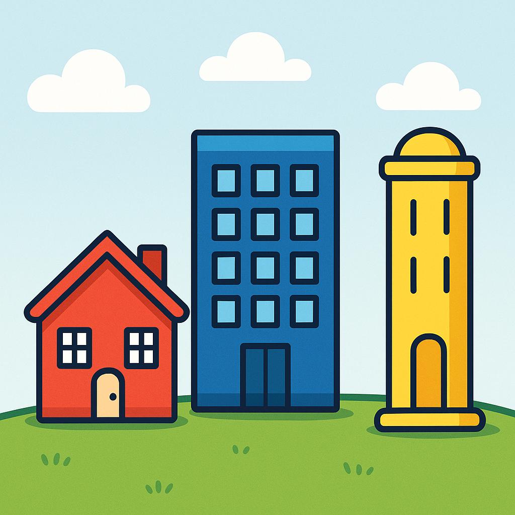 A colorful storybook illustration showing a cluster of three distinct physical structures: a red house, a blue office building, and a yellow tower.