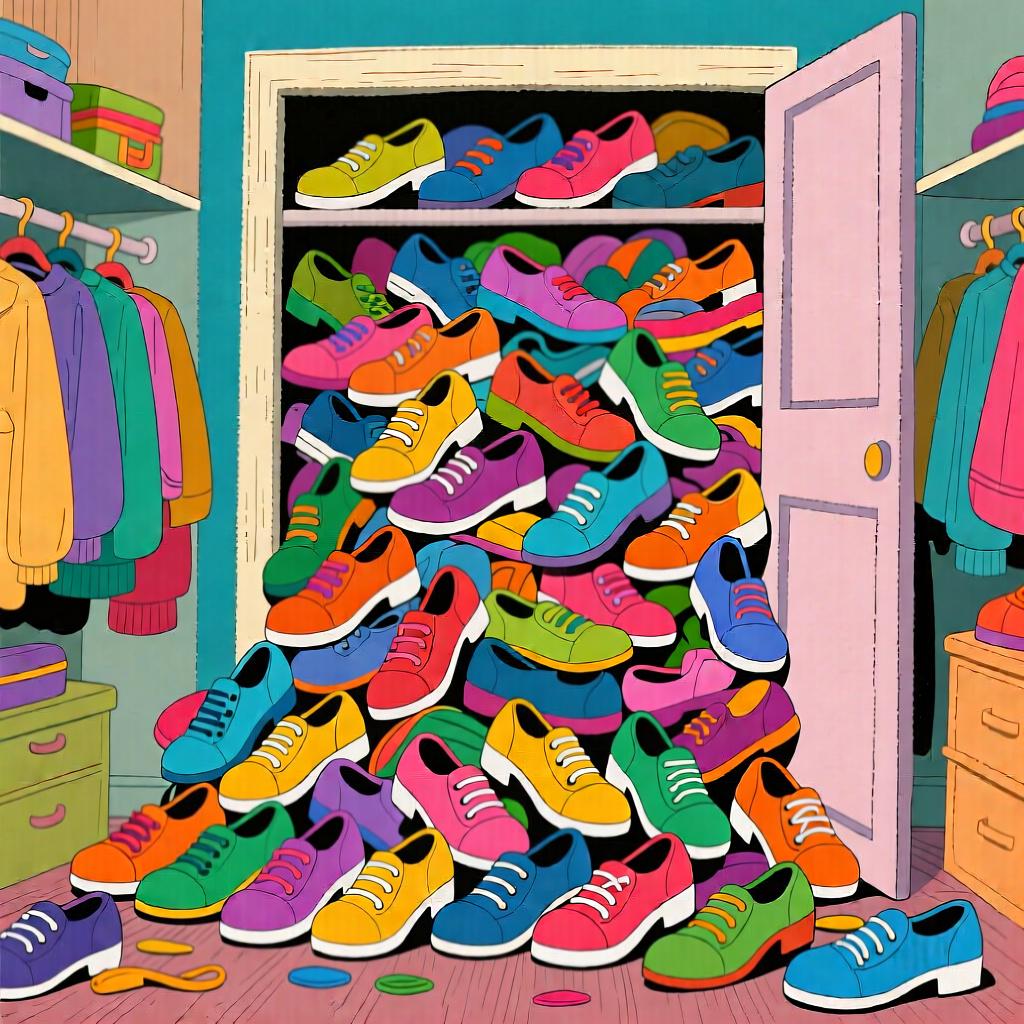 A towering, colorful pile of various shoes overflowing a small wooden closet onto the floor.