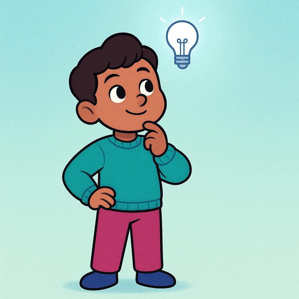 A high quality storybook illustration of a cheerful child character standing confidently. A single, bright, glowing lightbulb floats directly above their head, symbolizing future certainty and knowledge.