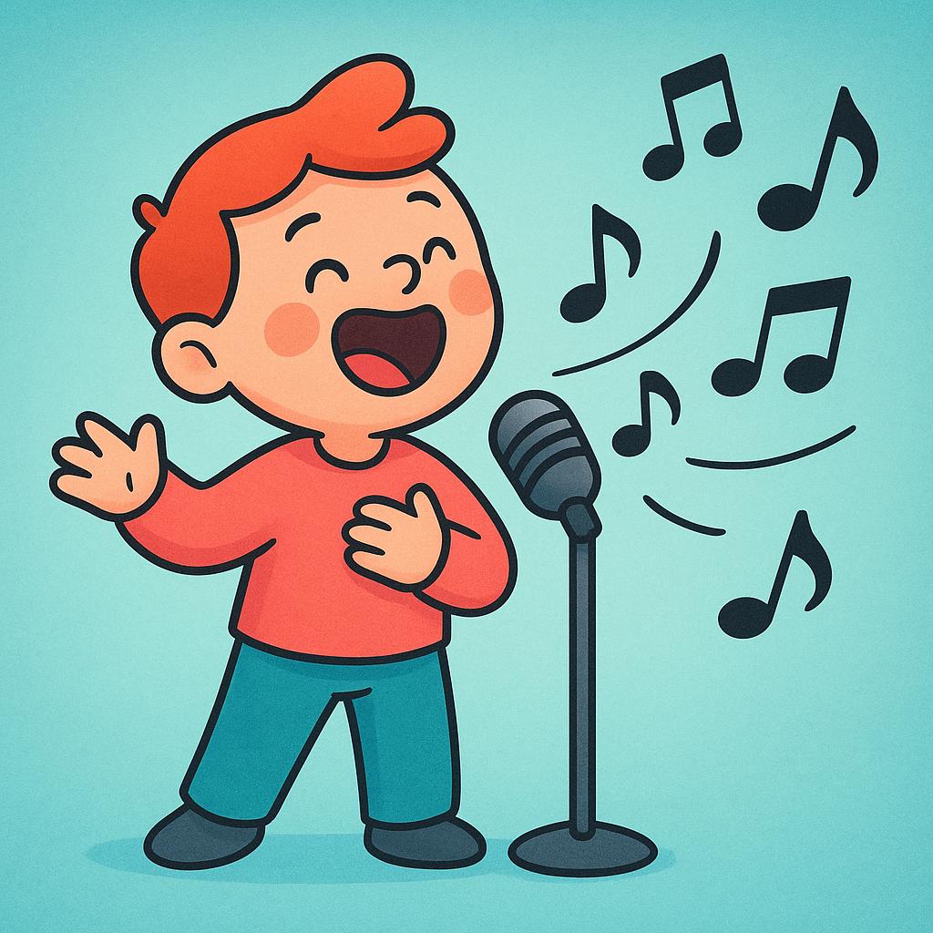 A happy child stands on a simple stage, singing enthusiastically into a standing microphone. Bright, colorful musical notes float in the air around the child's head, illustrating the sound.