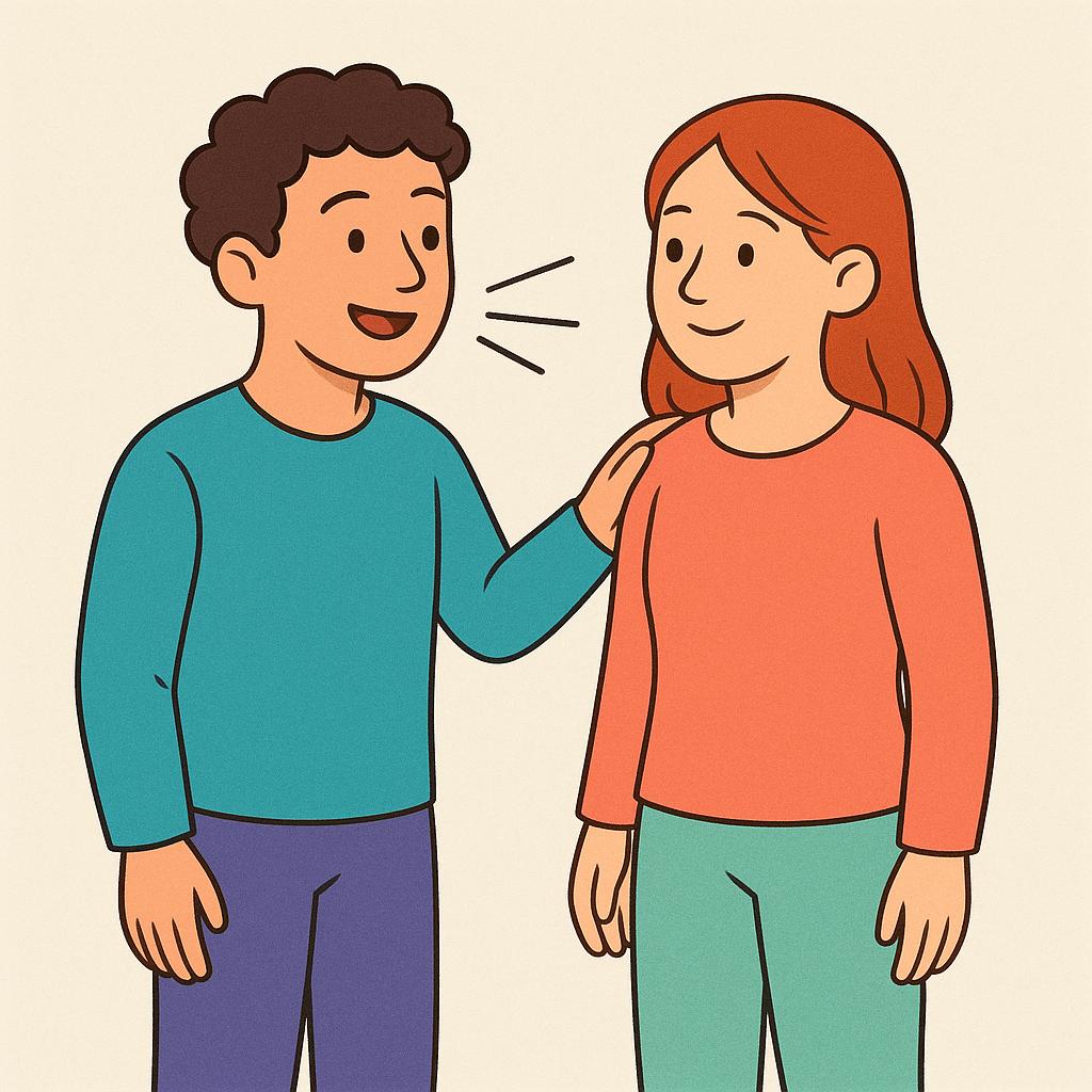 A simple colorful storybook illustration showing two friendly figures facing each other and engaged in an informal conversation.