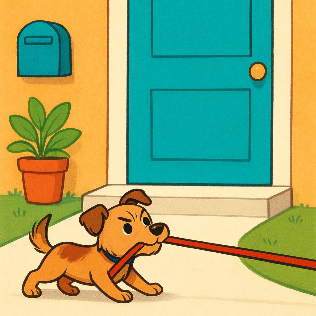 A small, determined brown dog holds a leash in its mouth and strains slightly, pulling the leash toward a closed red front door, showing persistence.