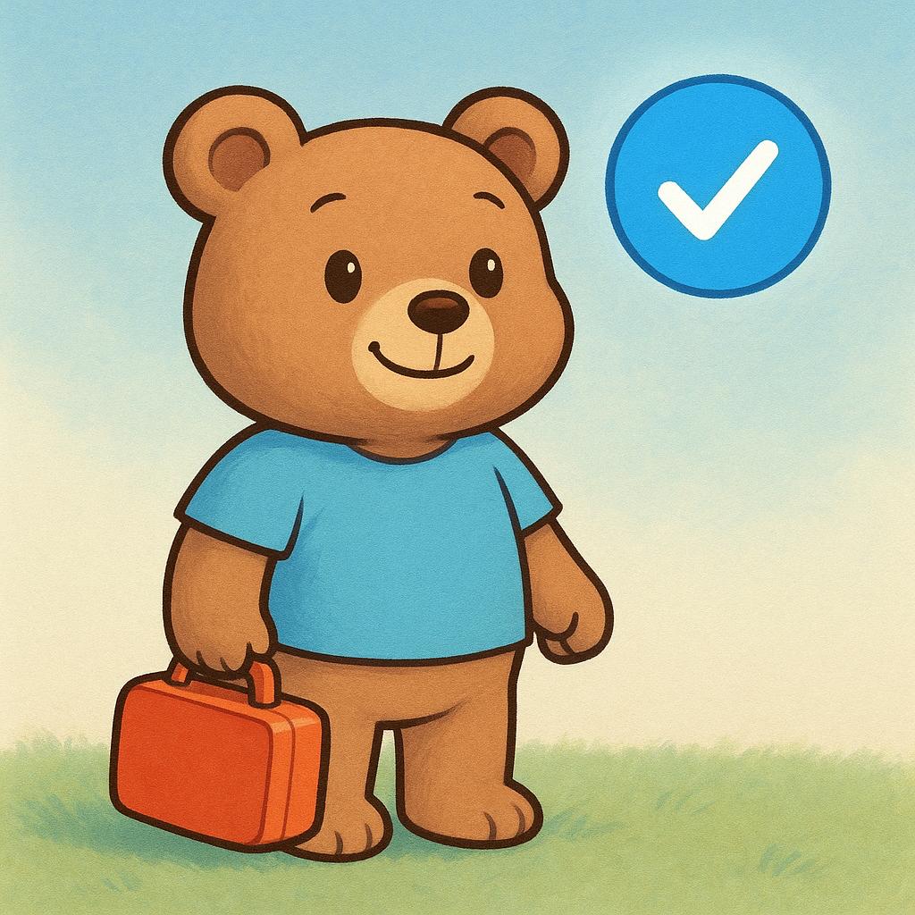 A cheerful cartoon bear wearing a clean shirt and holding a packed lunchbox, standing ready for an outing. A distinct, simple floating blue sphere hovers beside the bear's shoulder, visually symbolizing the confirmed state or condition.