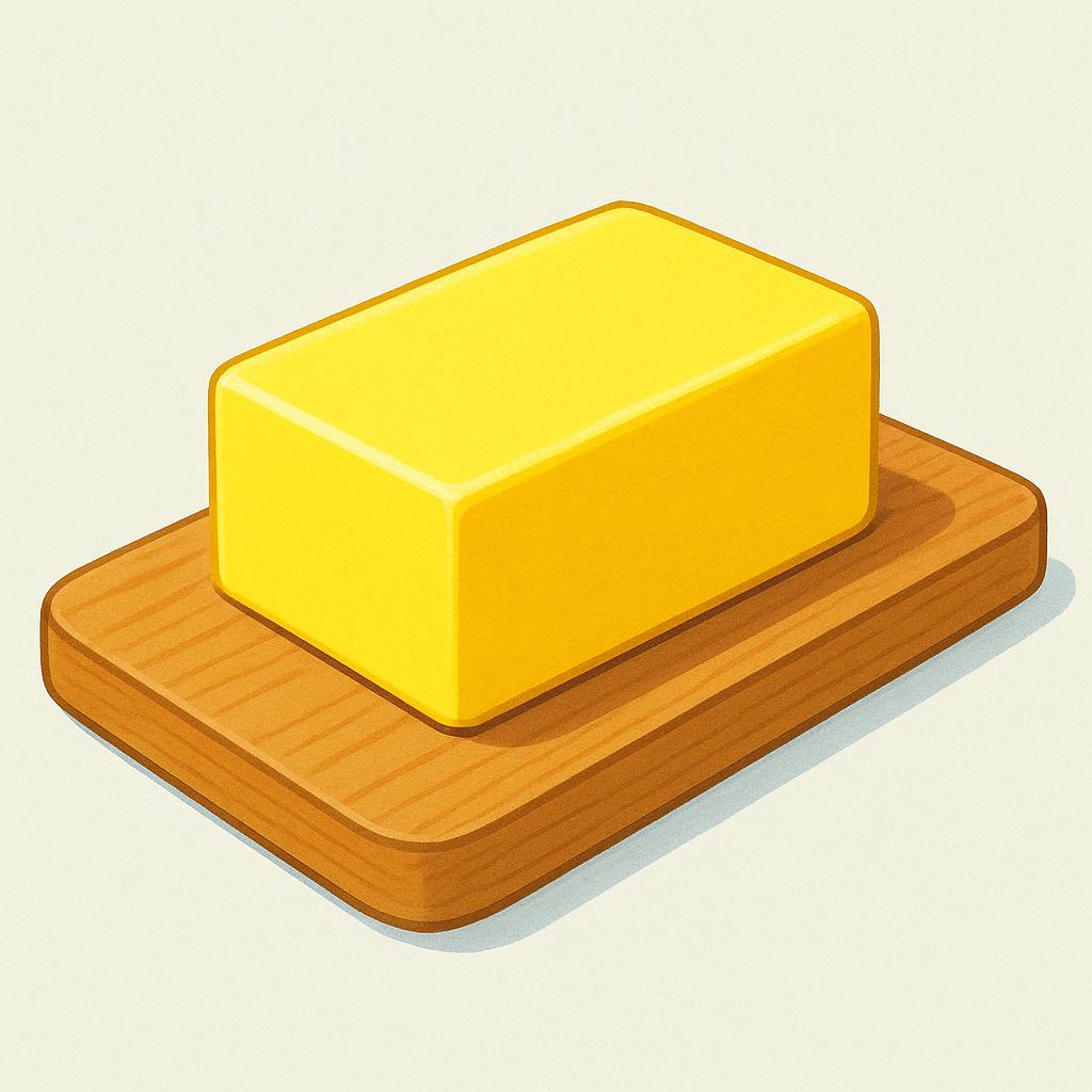 A bright yellow, rectangular block of butter resting on a simple wooden cutting board.