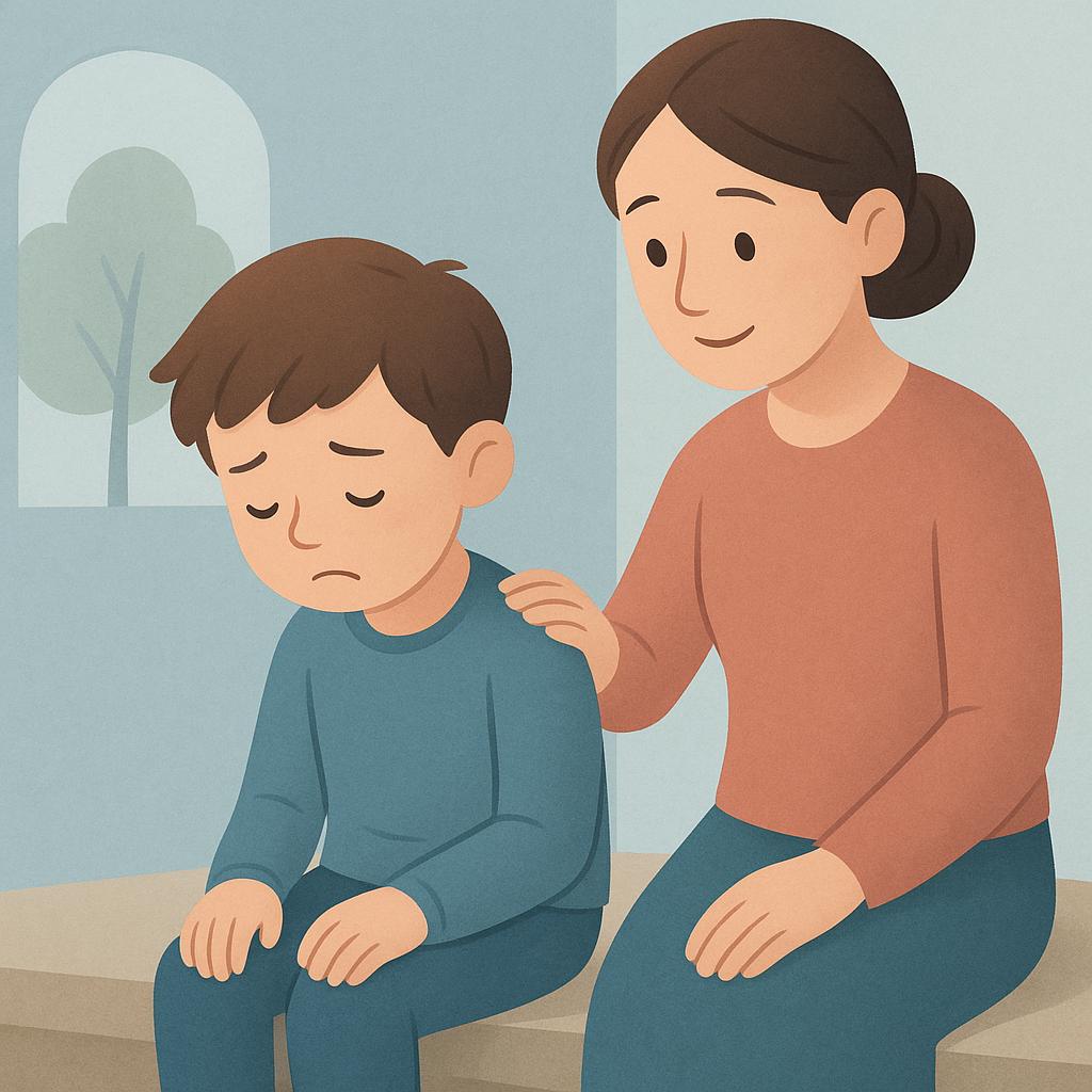 A colorful illustration showing an adult comforting a sad child by gently placing a hand on their shoulder, illustrating pity.
