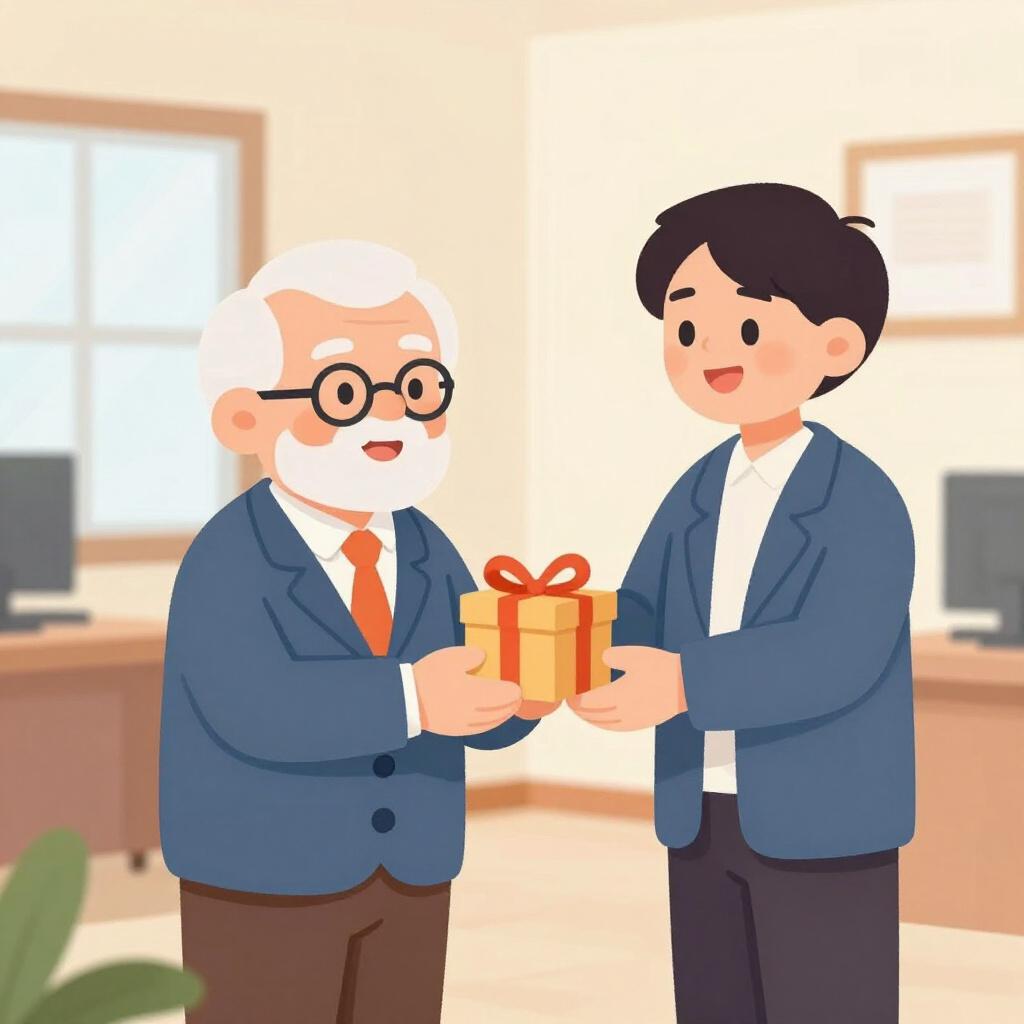 A smiling older man in a suit receiving a gold watch from a younger person in an office setting.