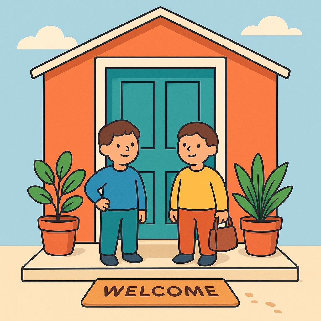 Two small figures standing happily right outside the entrance of a colorful, welcoming storybook house, signifying the completion of a journey.