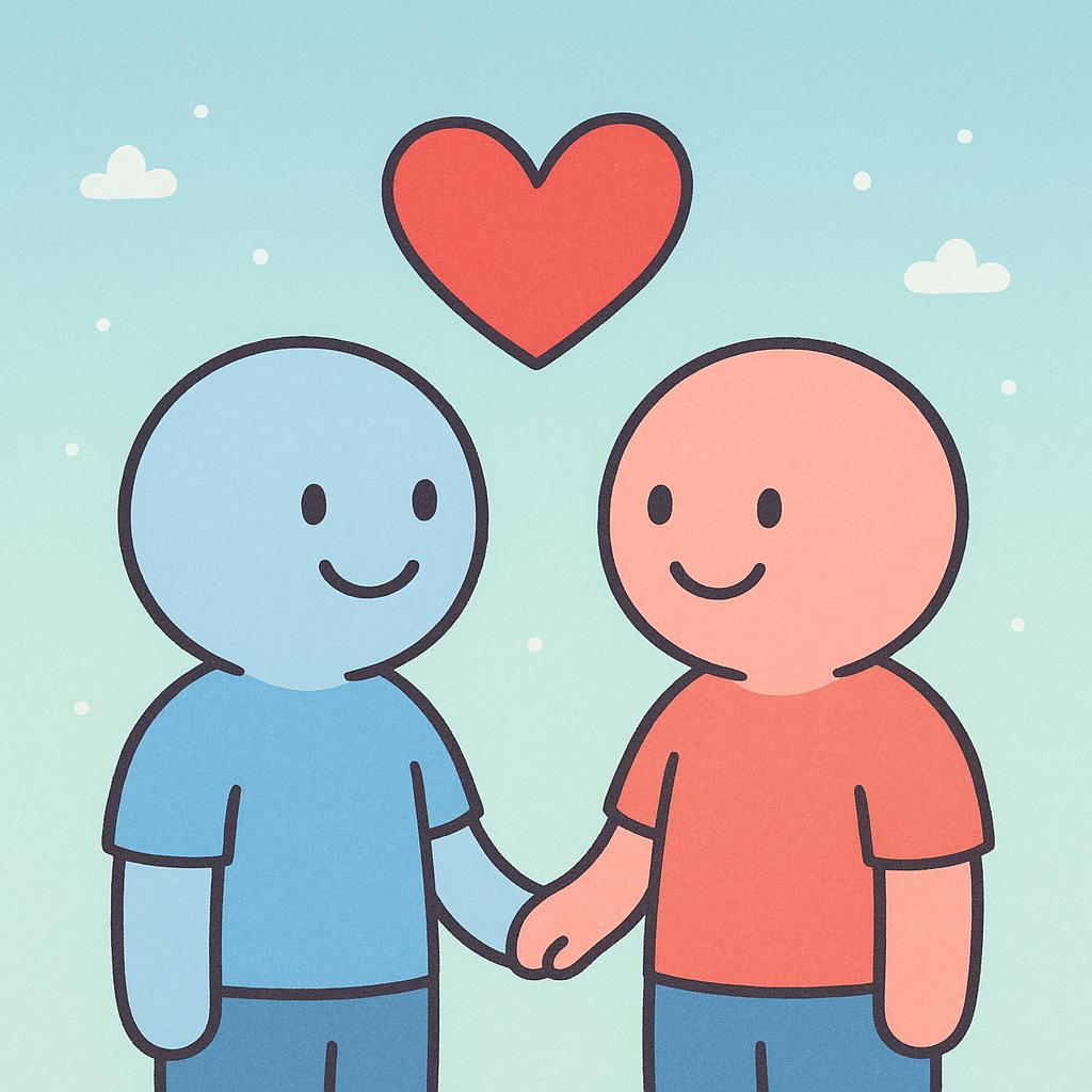 A colorful storybook illustration showing a man and a woman standing close together, smiling warmly at each other. A large red heart floats above them, symbolizing love.