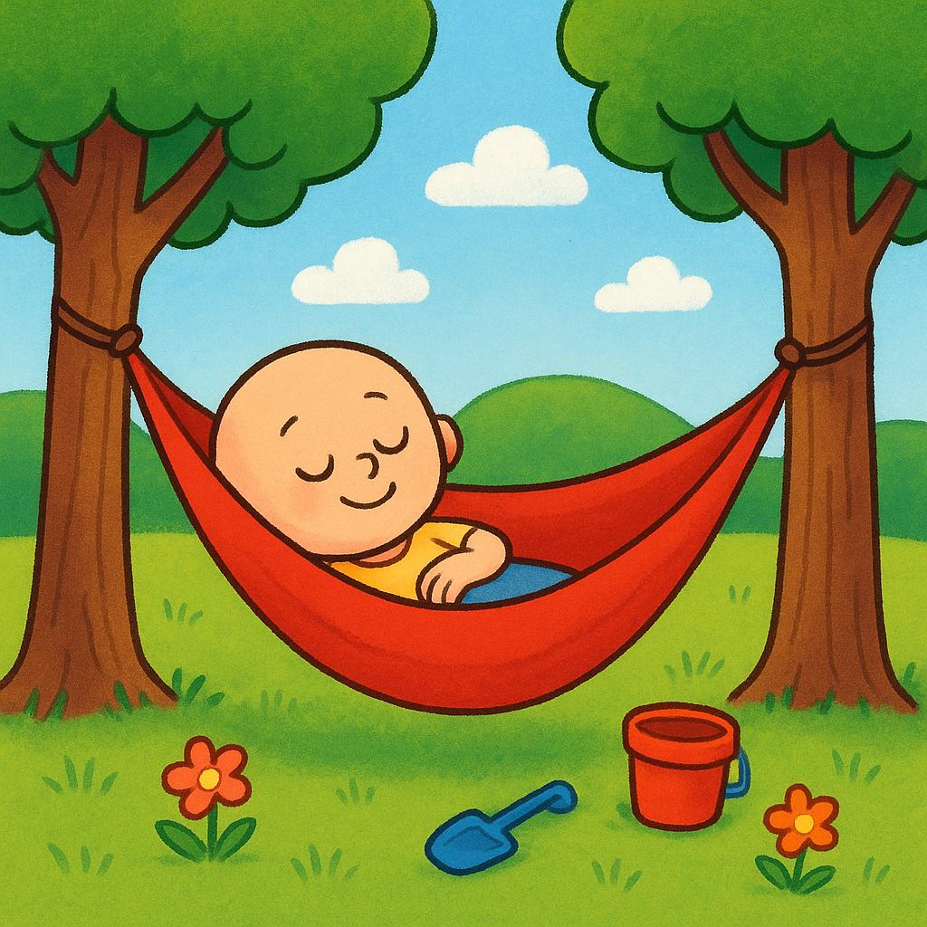 A cartoon character lying in a bright red hammock, relaxing completely while a small pile of work tools sits unused on the ground nearby.
