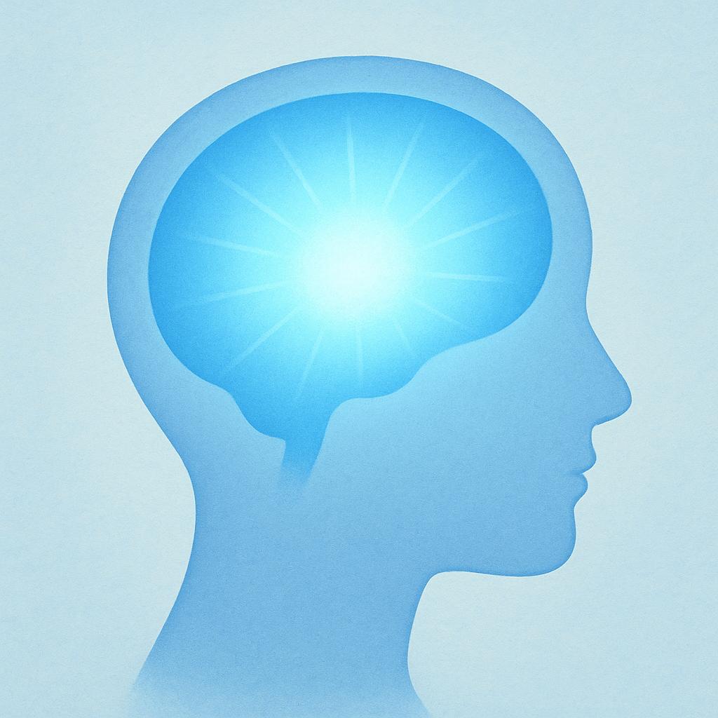 A simplified profile of a human head where the interior space is filled with a bright, clear blue light, symbolizing understanding and possessing knowledge.