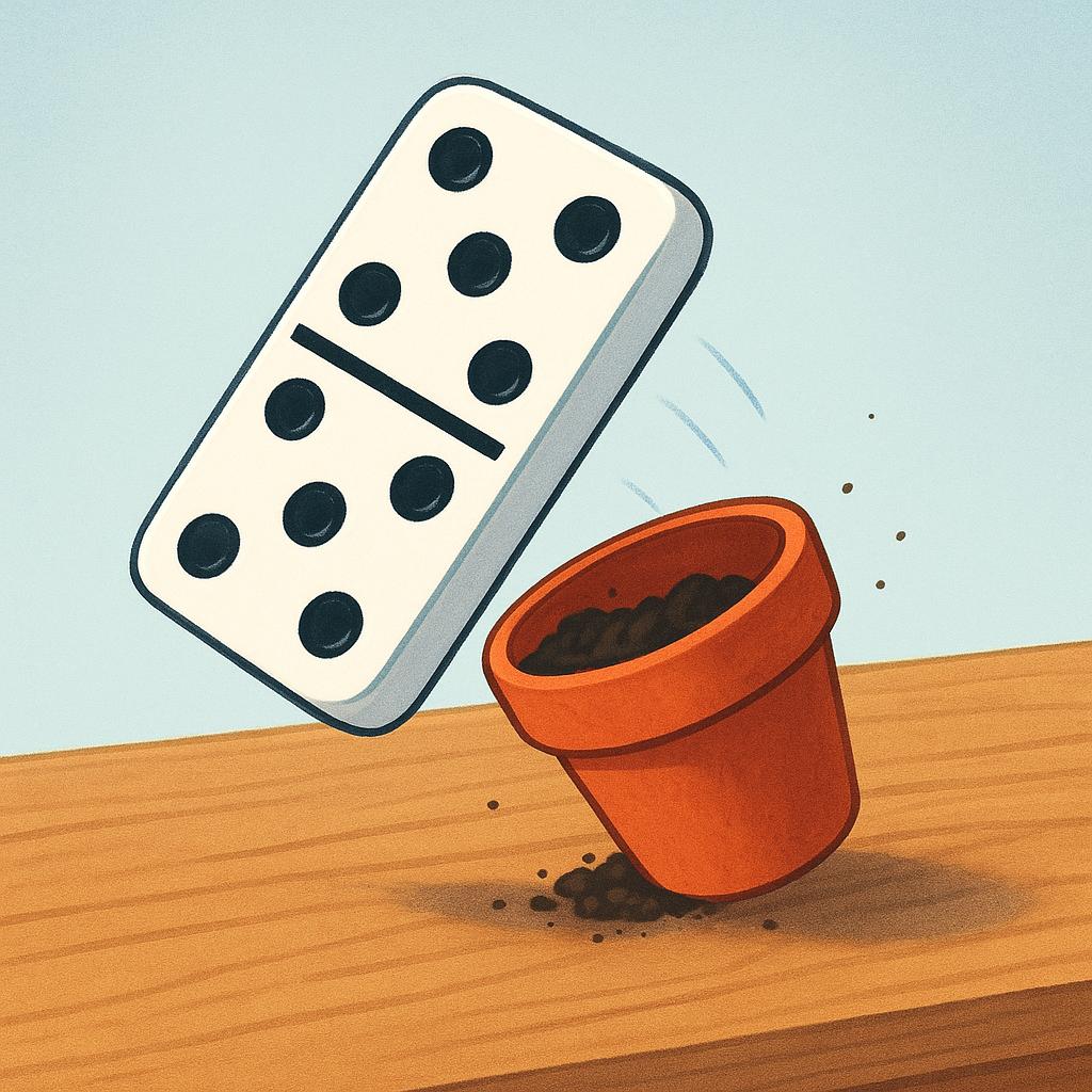 A single domino falls, knocking over a small flower pot.