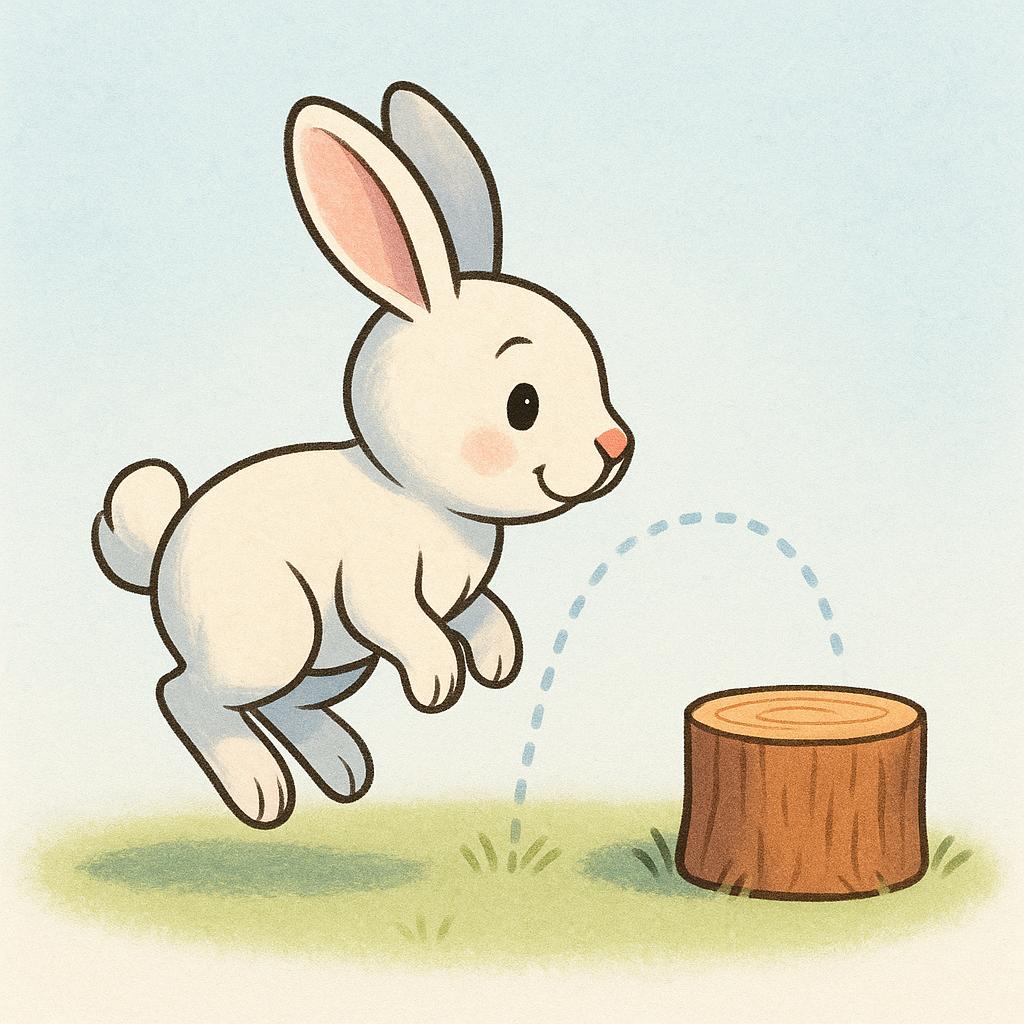 A friendly cartoon rabbit standing next to a small wooden log. A light, dotted line traces the path of the rabbit's immediate previous jump over the same log, symbolizing the repetition of the action.