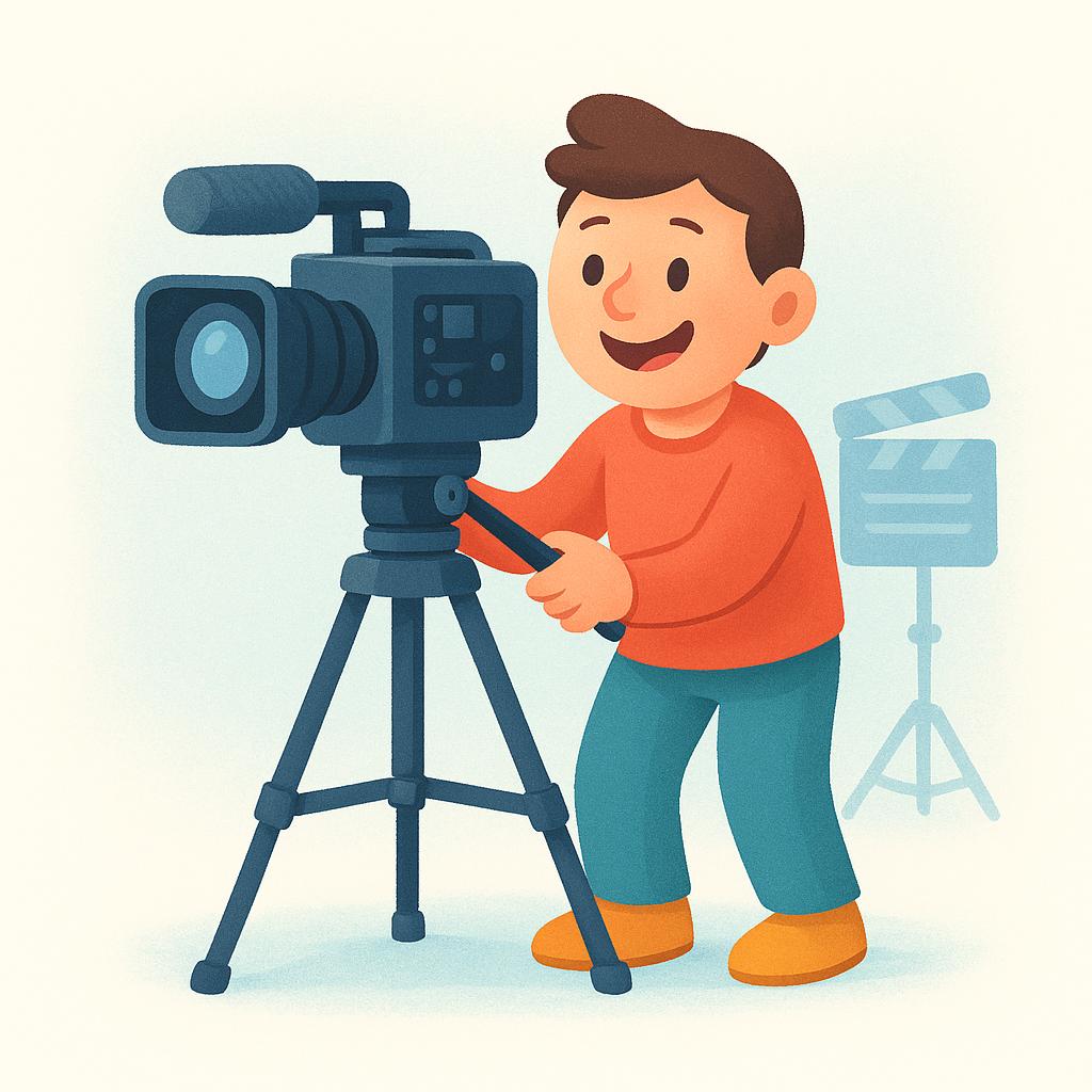 A colorful storybook illustration of a smiling cartoon character operating a professional video camera on a tripod.