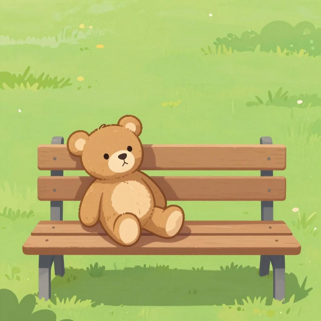 A single, worn-out teddy bear sitting alone on a wooden bench in an empty park.