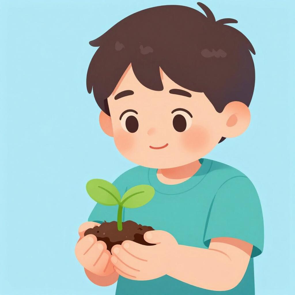 両手で小さく光る植物を大切そうに持ち、感心した表情で見つめる子供。