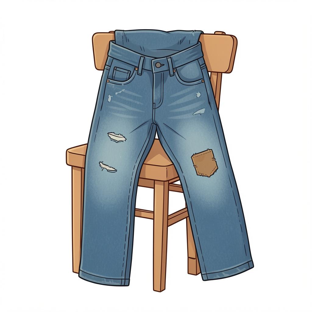 A pair of well-worn blue denim jeans with a small patch on the knee, sitting on a wooden chair.