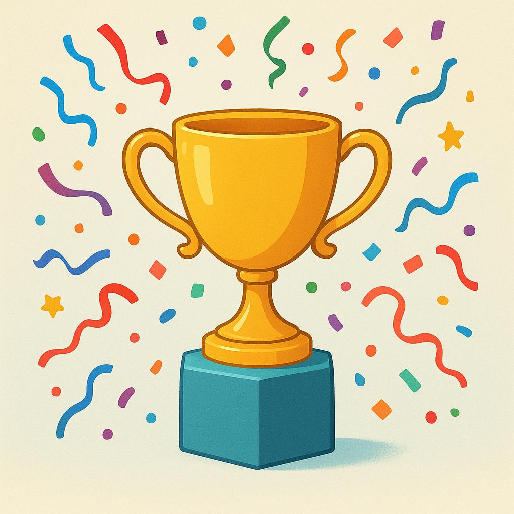 A simplistic golden trophy sitting on a small pedestal, being showered by brightly colored confetti, symbolizing congratulations and achievement.