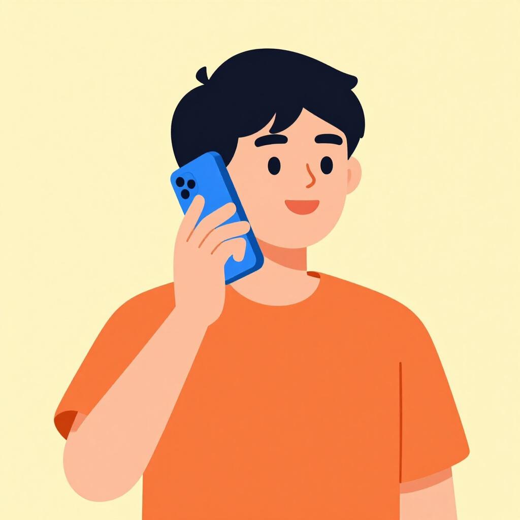 A friendly person holding a smartphone to their ear, talking and smiling.