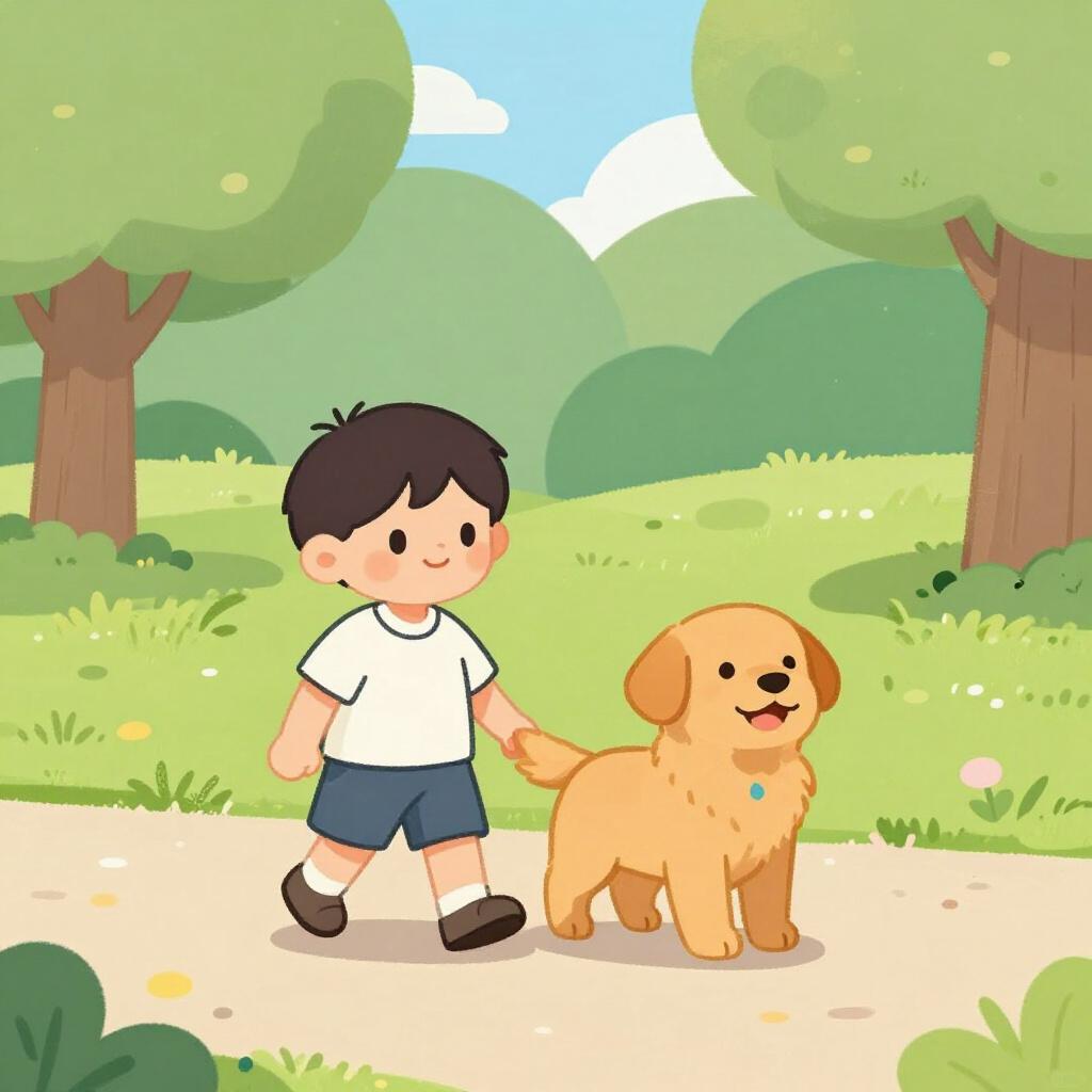 Ein Kind geht einen Weg entlang neben einem freundlichen Hund.