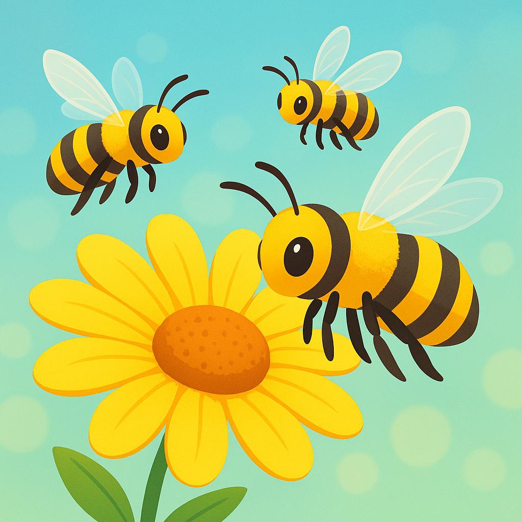 Three yellow and black striped bees flying near a bright yellow daisy flower.
