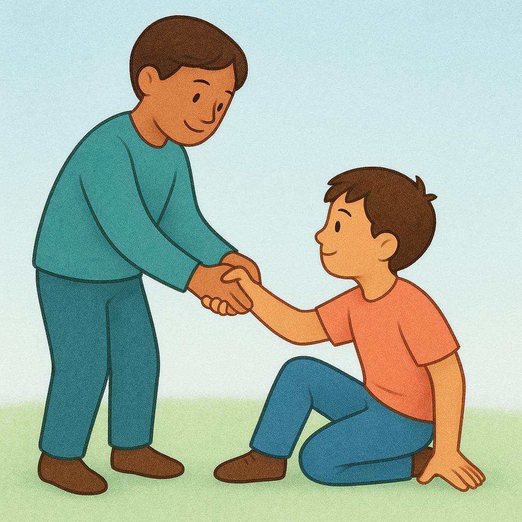 A friendly figure extends a hand to assist a young boy who is getting up from the ground. The boy is grasping the helper's hand.