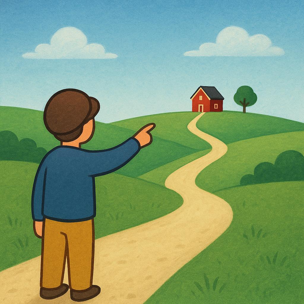 A small figure in the foreground pointing towards a distant, lone red house on a green hill, emphasizing a far-off location.