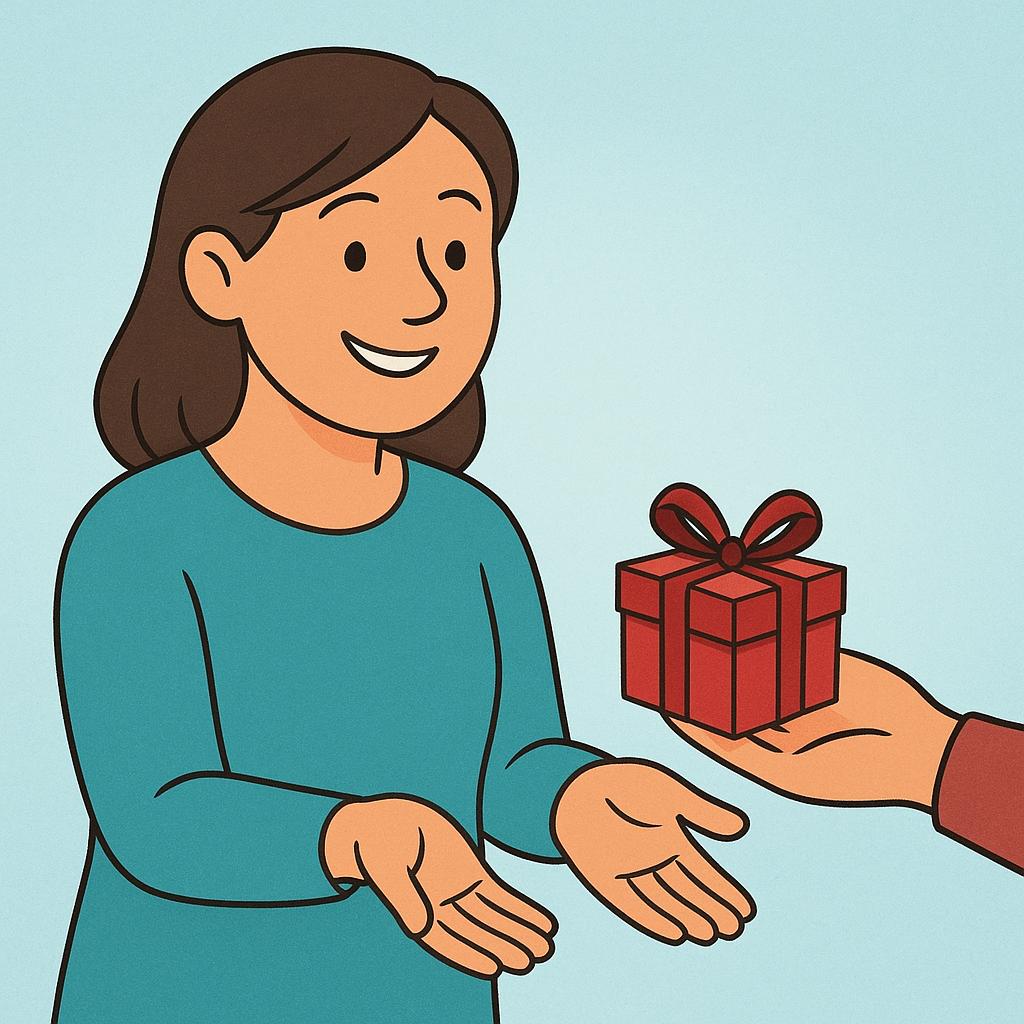 A simplified illustration showing a person smiling while receiving a small red wrapped present being offered to them.