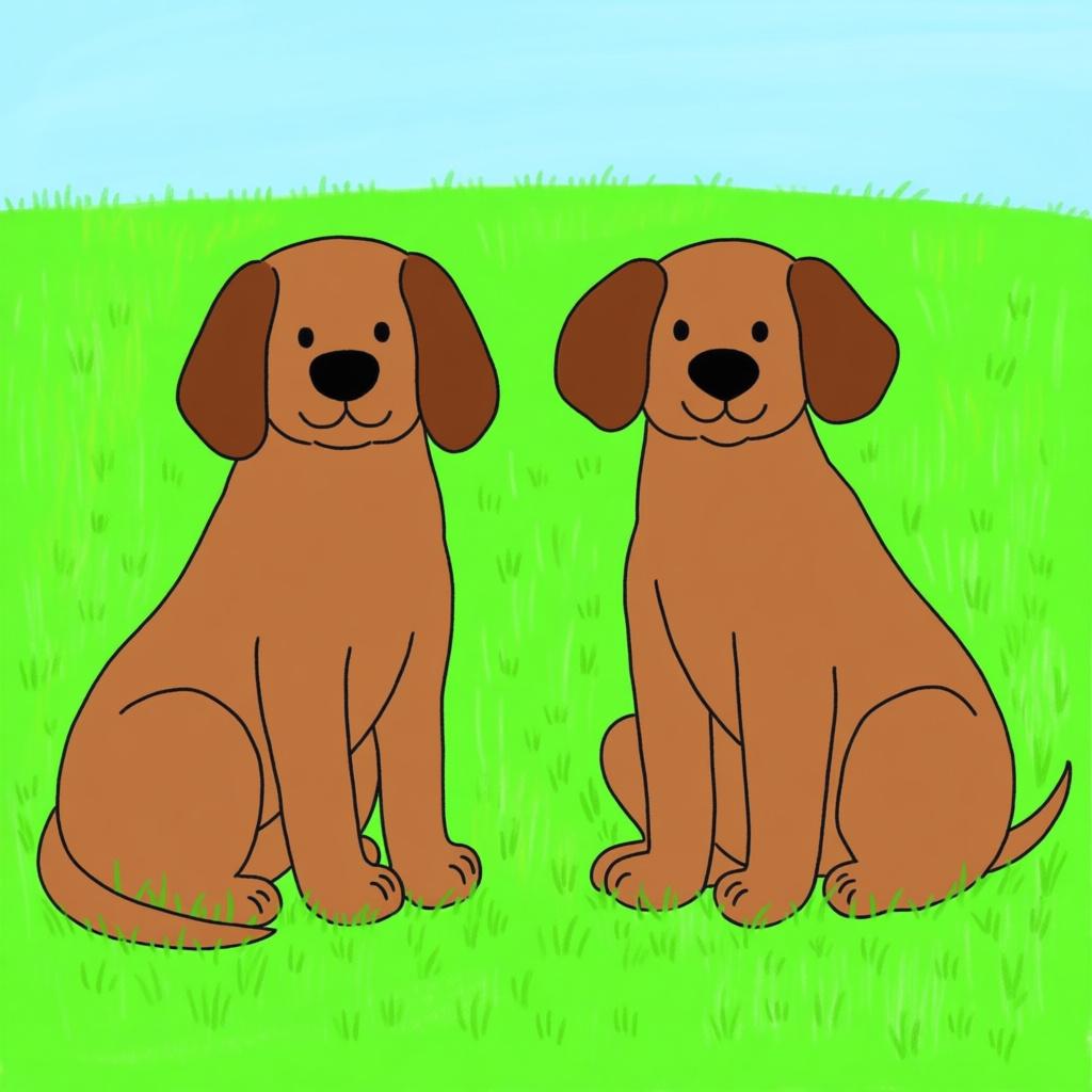 Two friendly, very large brown dogs sitting next to each other in a bright green field.