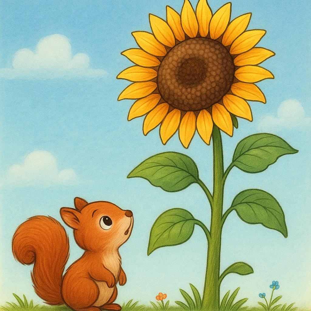 A small, wide-eyed squirrel stands at the base of a massive, brightly colored sunflower that towers high above it, illustrating a feeling of awe and admiration.
