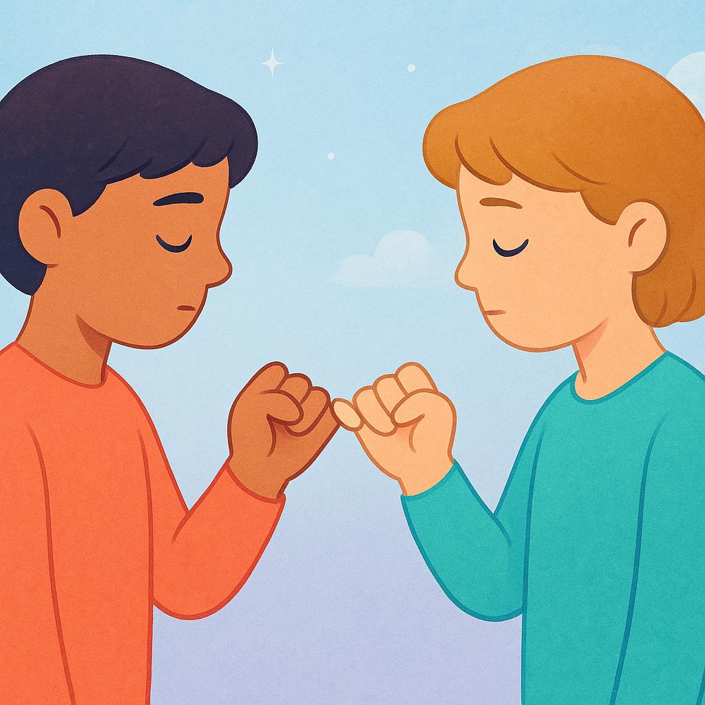 A close-up illustration of two stylized figures linking their pinky fingers together in the gesture of a pinky promise, symbolizing a commitment.