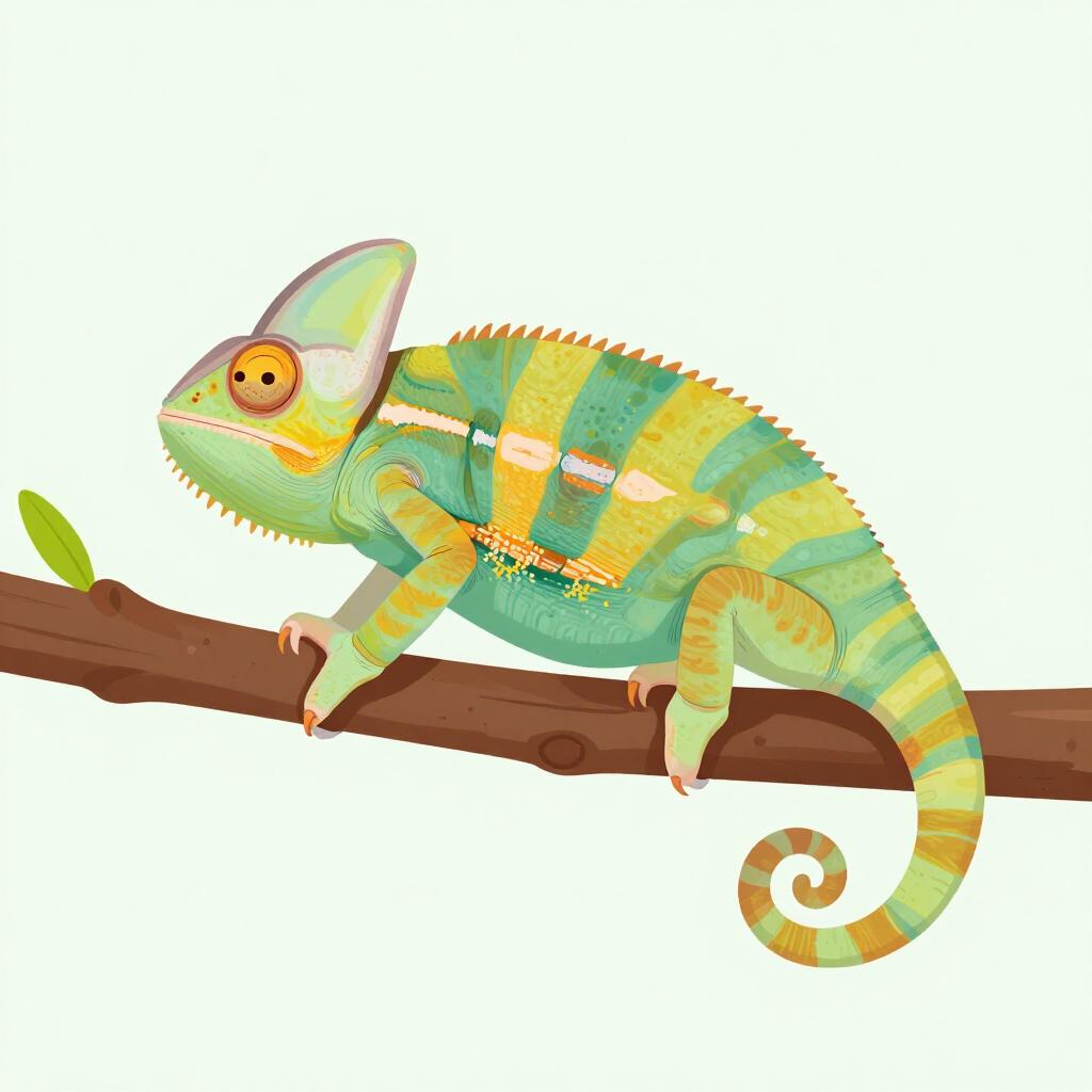 Ein farbenfrohes Chamäleon auf einem Ast, dessen Haut sich zwischen leuchtendem Grün und hellem Orange verändert.