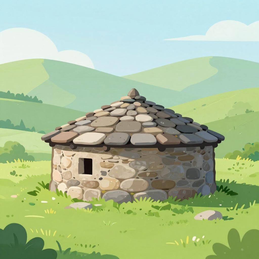 A lush, green landscape with a traditional stone granary called an hórreo, common in the Galicia region.