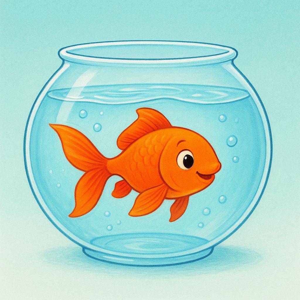 A single, brightly colored goldfish swimming actively in a simple, clear glass bowl.