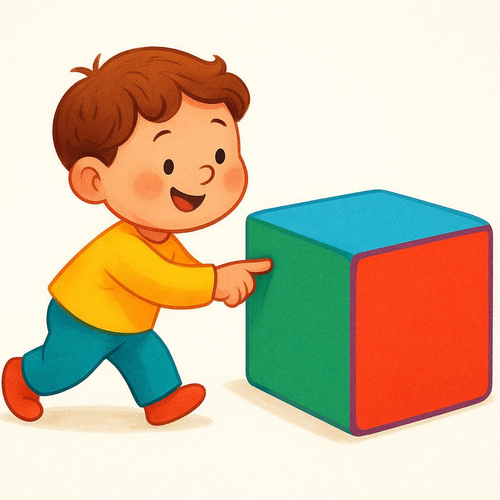 A high quality storybook illustration showing a small, smiling child easily pushing a large, brightly colored, oversized block with just one finger, illustrating the concept of performing a task easily.