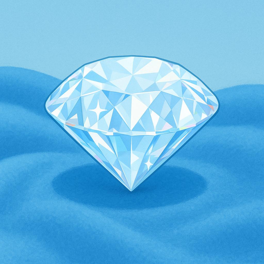 A close-up illustration of a single, brilliant, perfectly cut, and symmetrical diamond shining brightly on a blue velvet cloth.